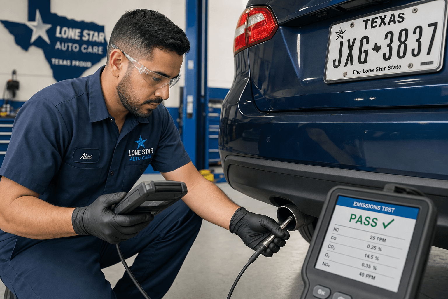 Mechanic performing a state emissions inspection on a vehicle