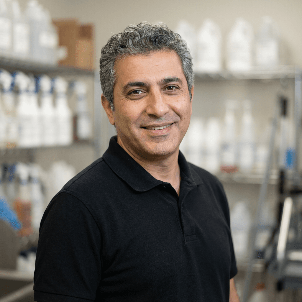 Male customer in his 30s, Hispanic, smiling while standing near an open car hood