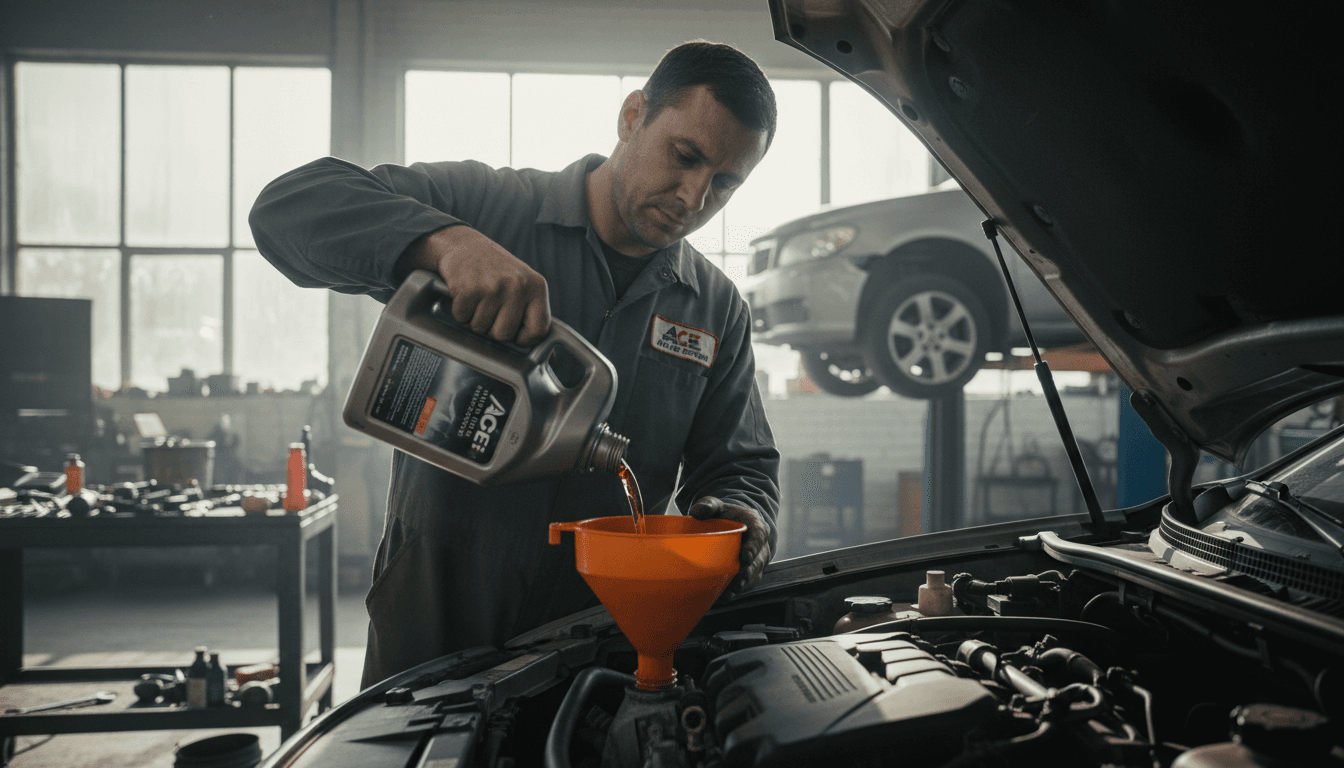 Mechanic pouring fresh oil into an engine