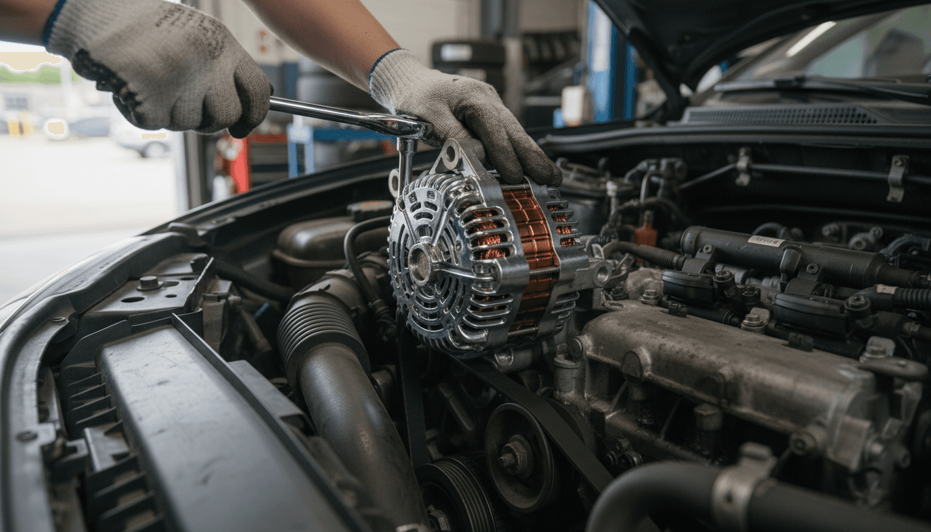 New alternator being installed in engine bay