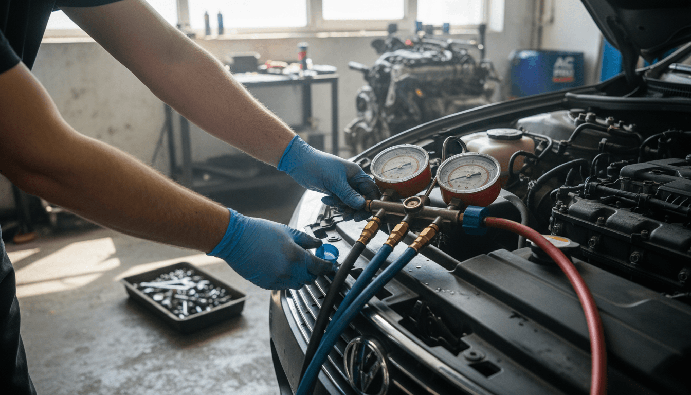 Mechanic attaching an AC gauge to a car