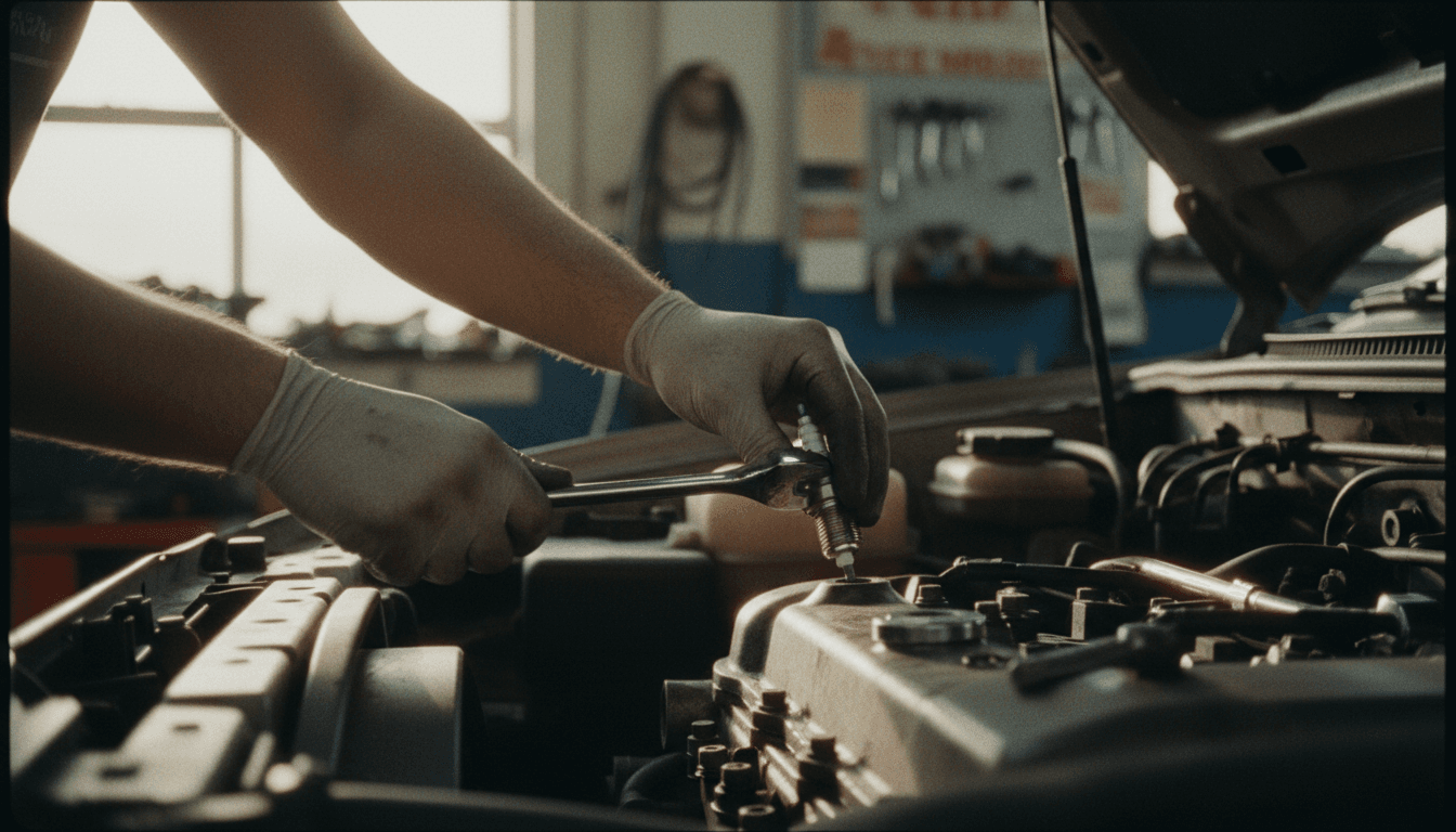 Hands in work gloves installing a spark plug