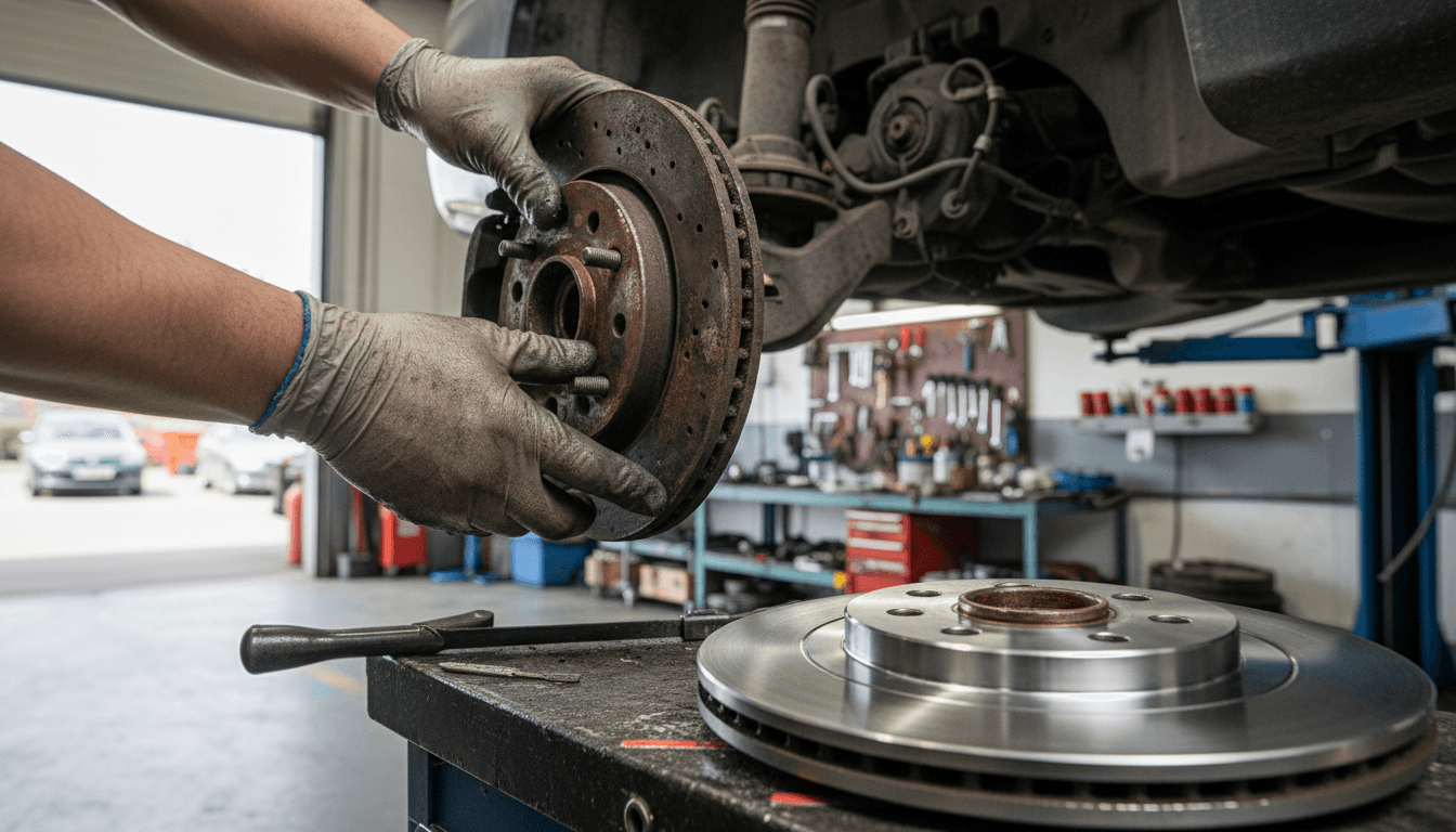 Mechanic's hands replacing a brake rotor