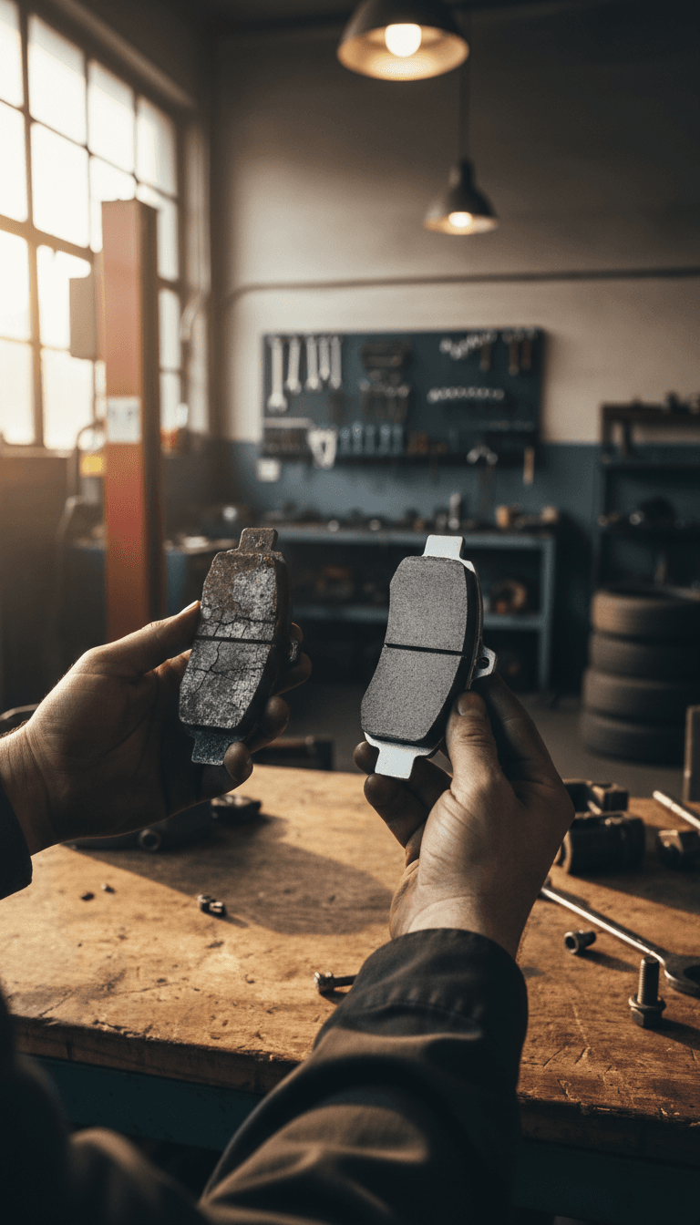 Mechanic comparing old and new brake pads at a workbench