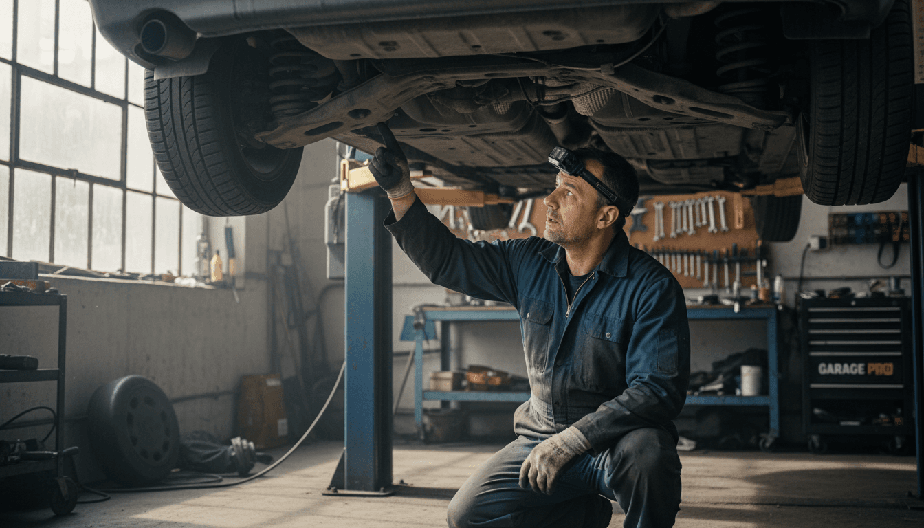 Mechanic inspecting a car's axle on a lift