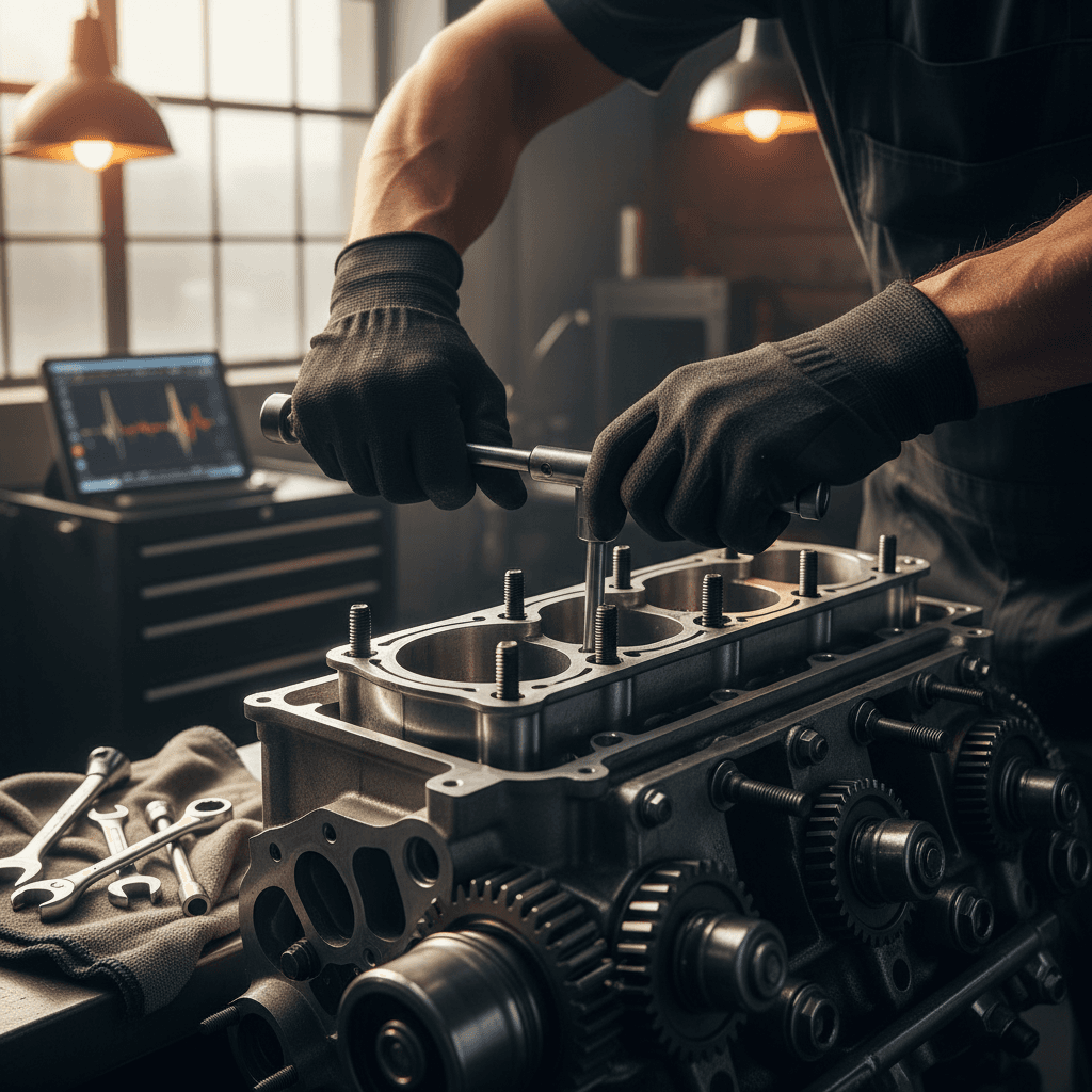 Eliyas Auto Repair mechanic working under an open car hood in the shop