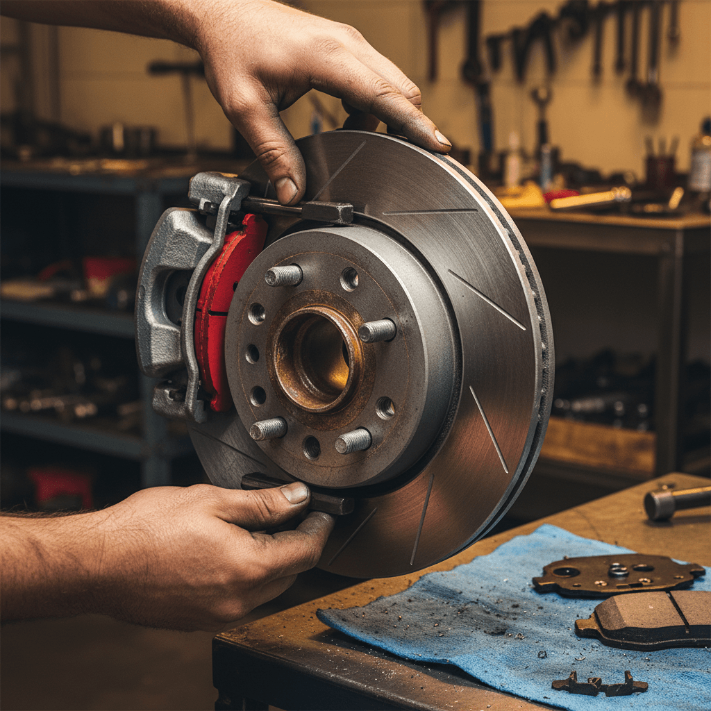New brake pads going on a rotor